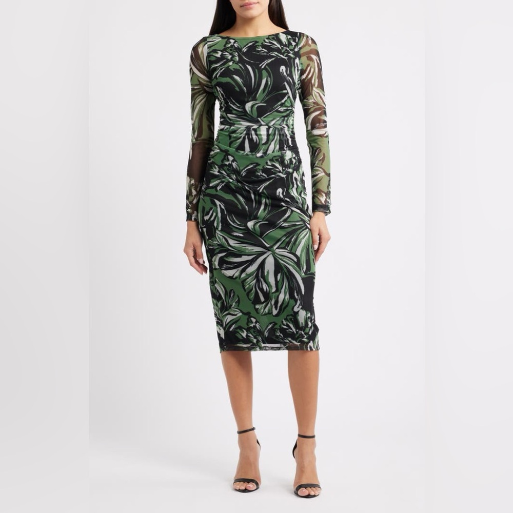 Vince Camuto Print Long Sleeve Mesh Body-Con Dress Black and Green Size 2 NWT